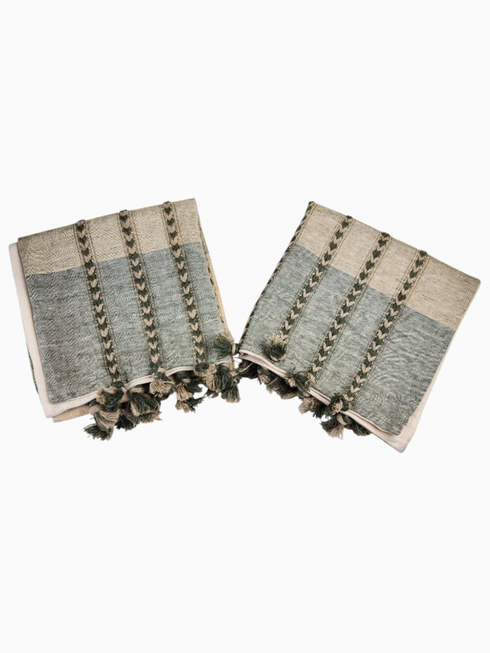 Crate & Barrel Pillow Cover Pair Green Sage Woven Tassel Stripe Cotton Linen 24"
